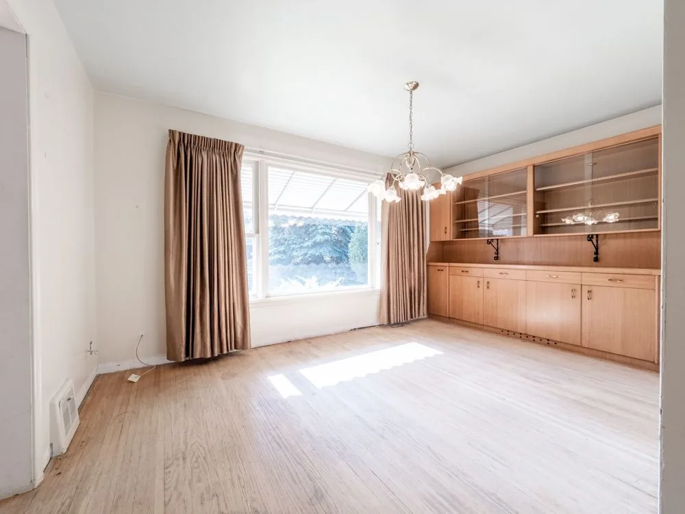 Before renovation, dining room built-in hutch, wide angle