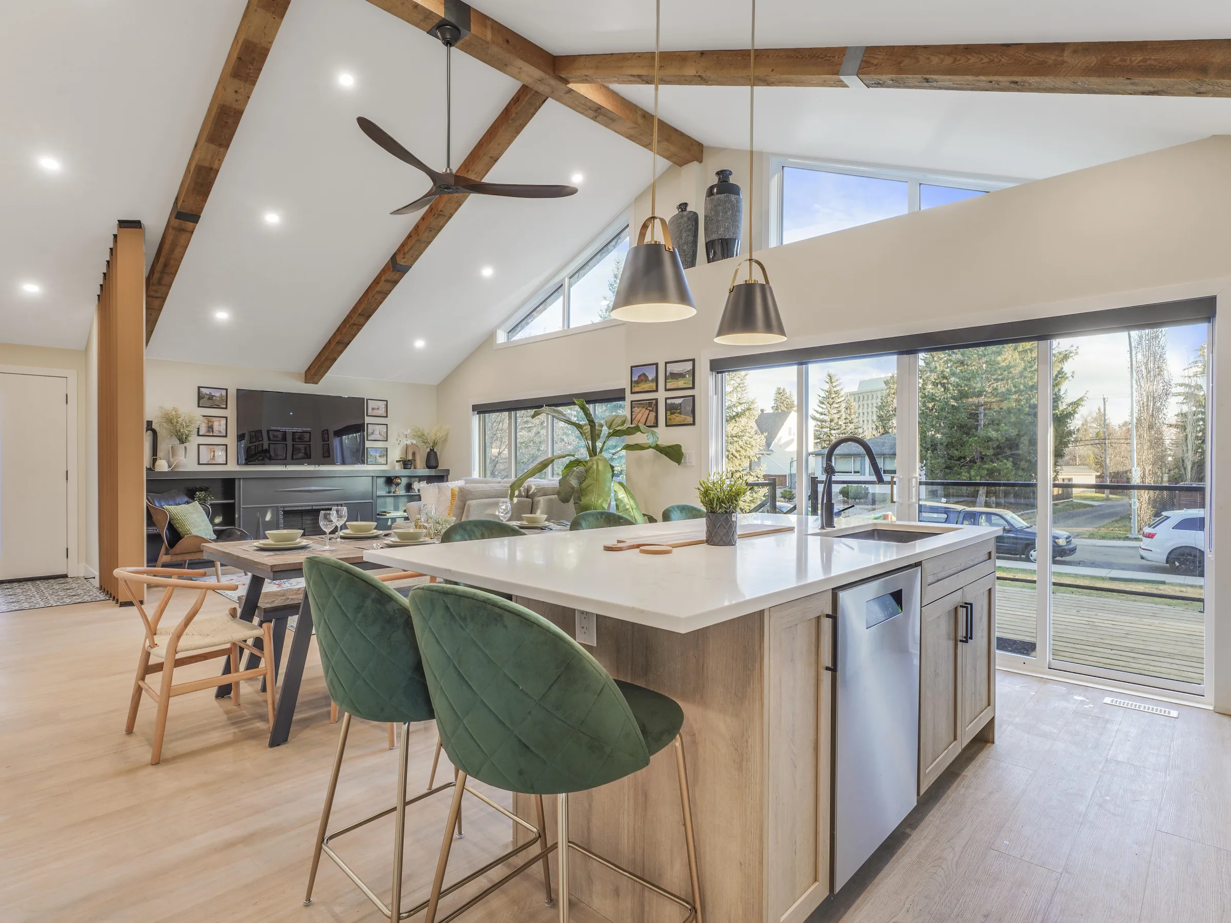 Kitchen, wide angle with green stools