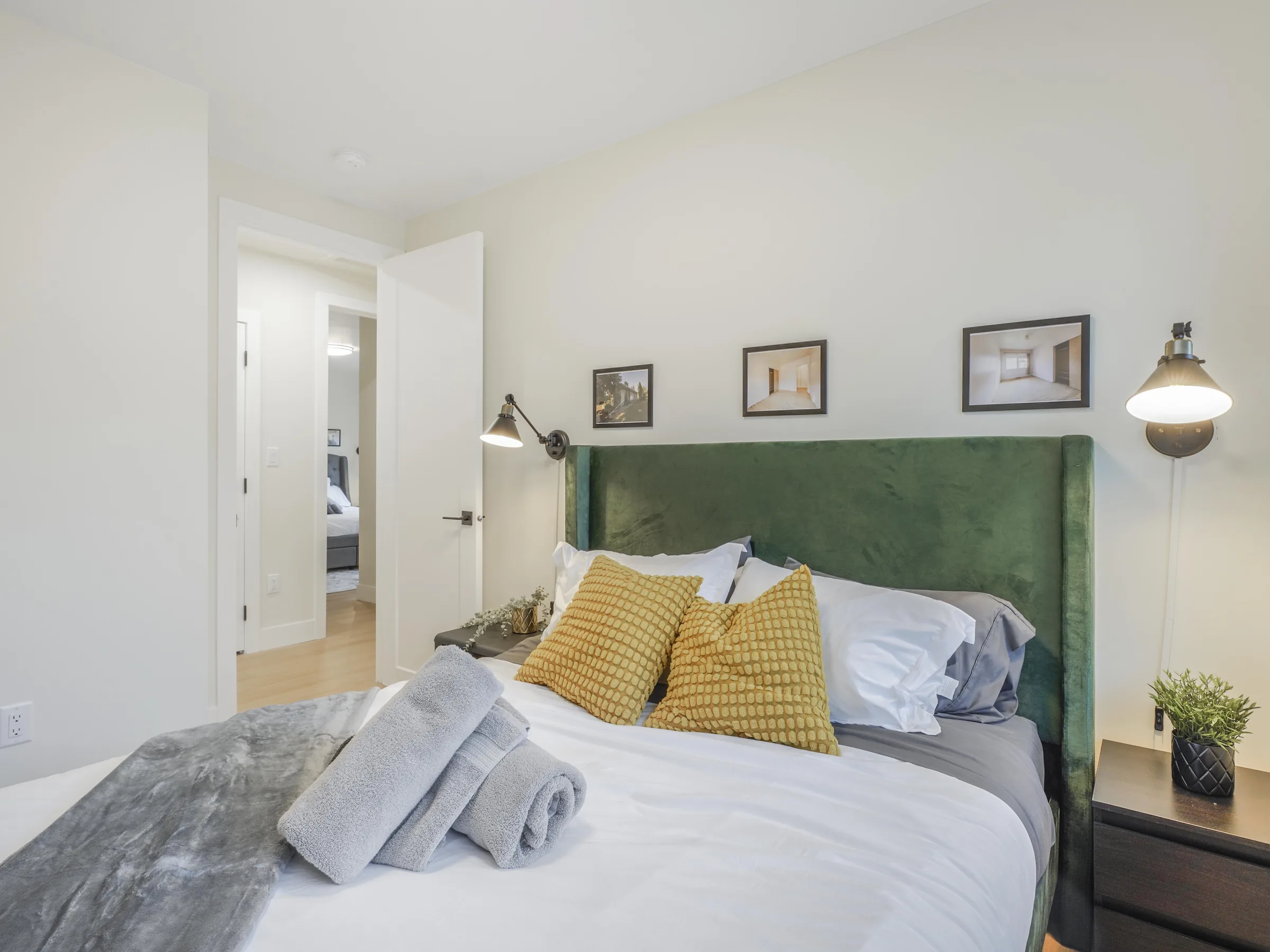 Green-headboard bedroom, alternate angle