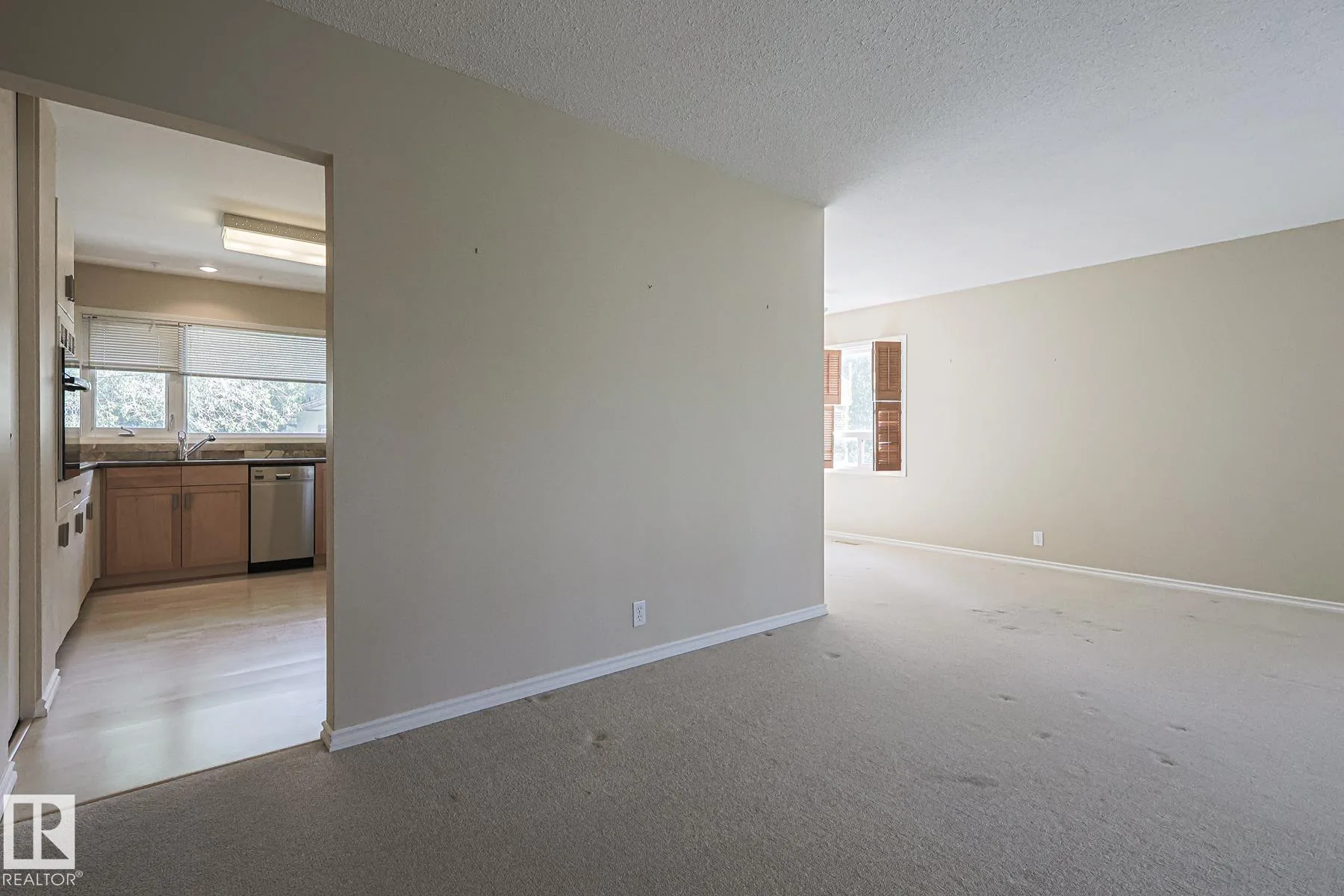 Before renovation, view through a wall opening into the kitchen showing wood shaker lower cabinets, stainless dishwasher, and window over the sink.