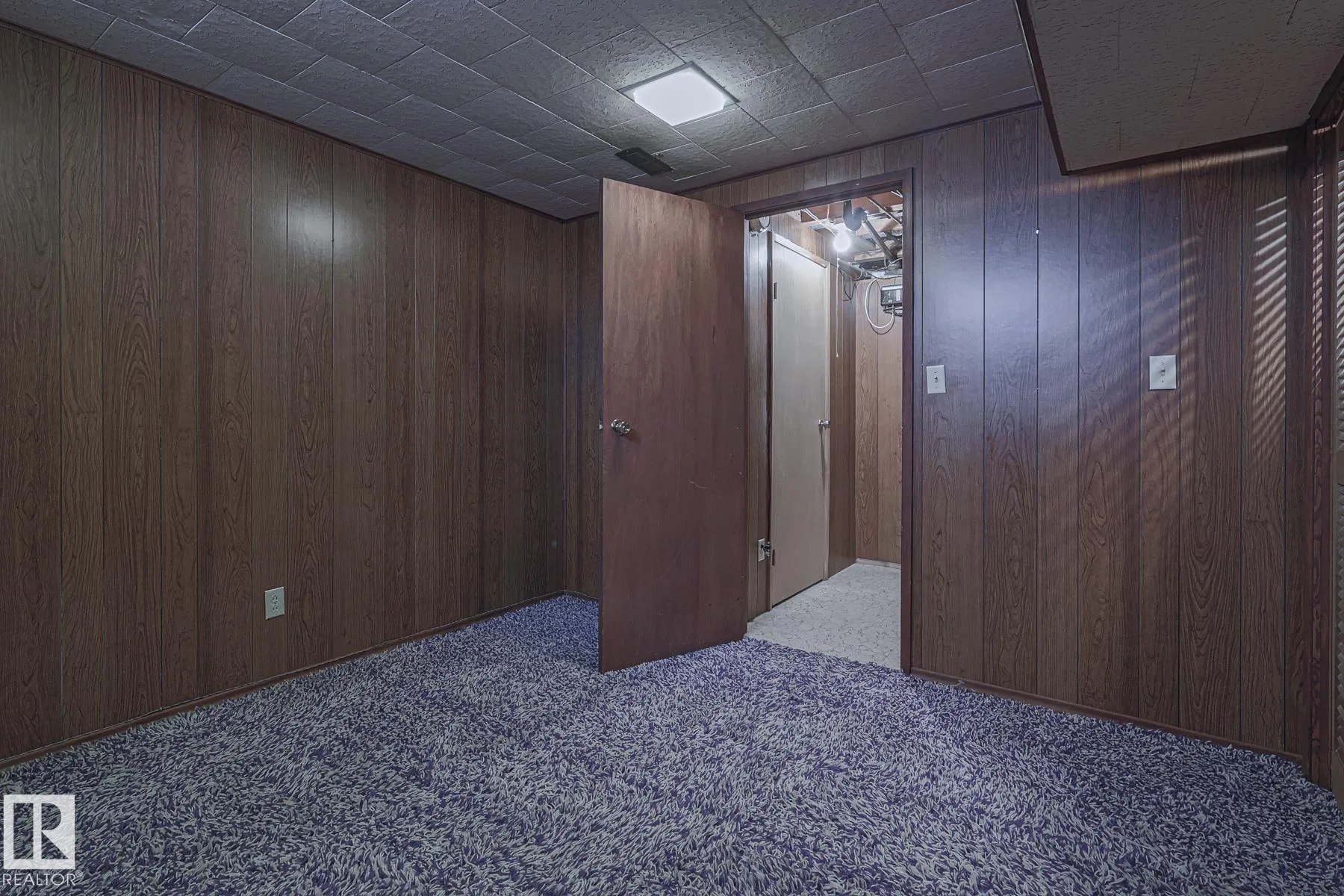 Before renovation, a basement bedroom with dark faux-wood paneling, purple-and-cream shag carpet, and a plywood door open onto the mechanical room hallway.
