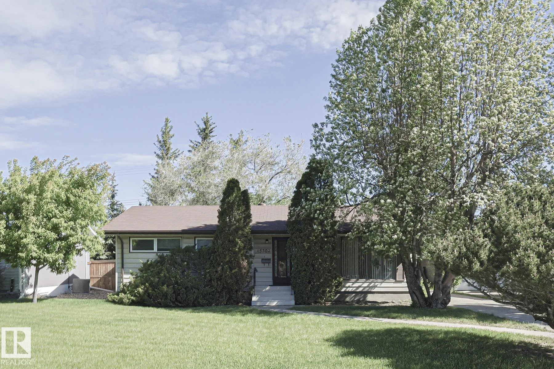 Before renovation, front-yard view of the bungalow with columnar junipers, plain concrete step to the entry, and existing trees along the property.