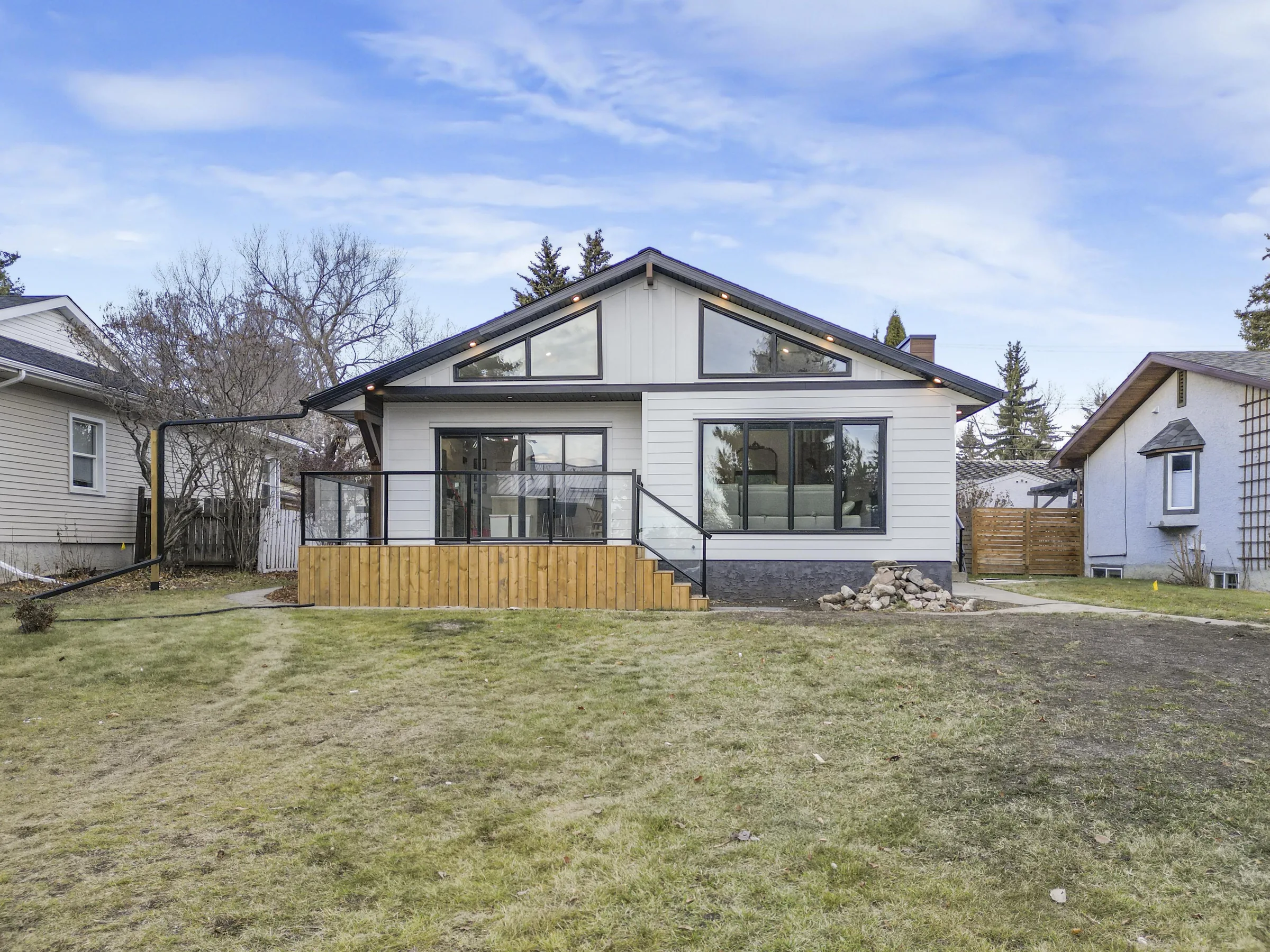 Front elevation, daylight, full vaulted addition