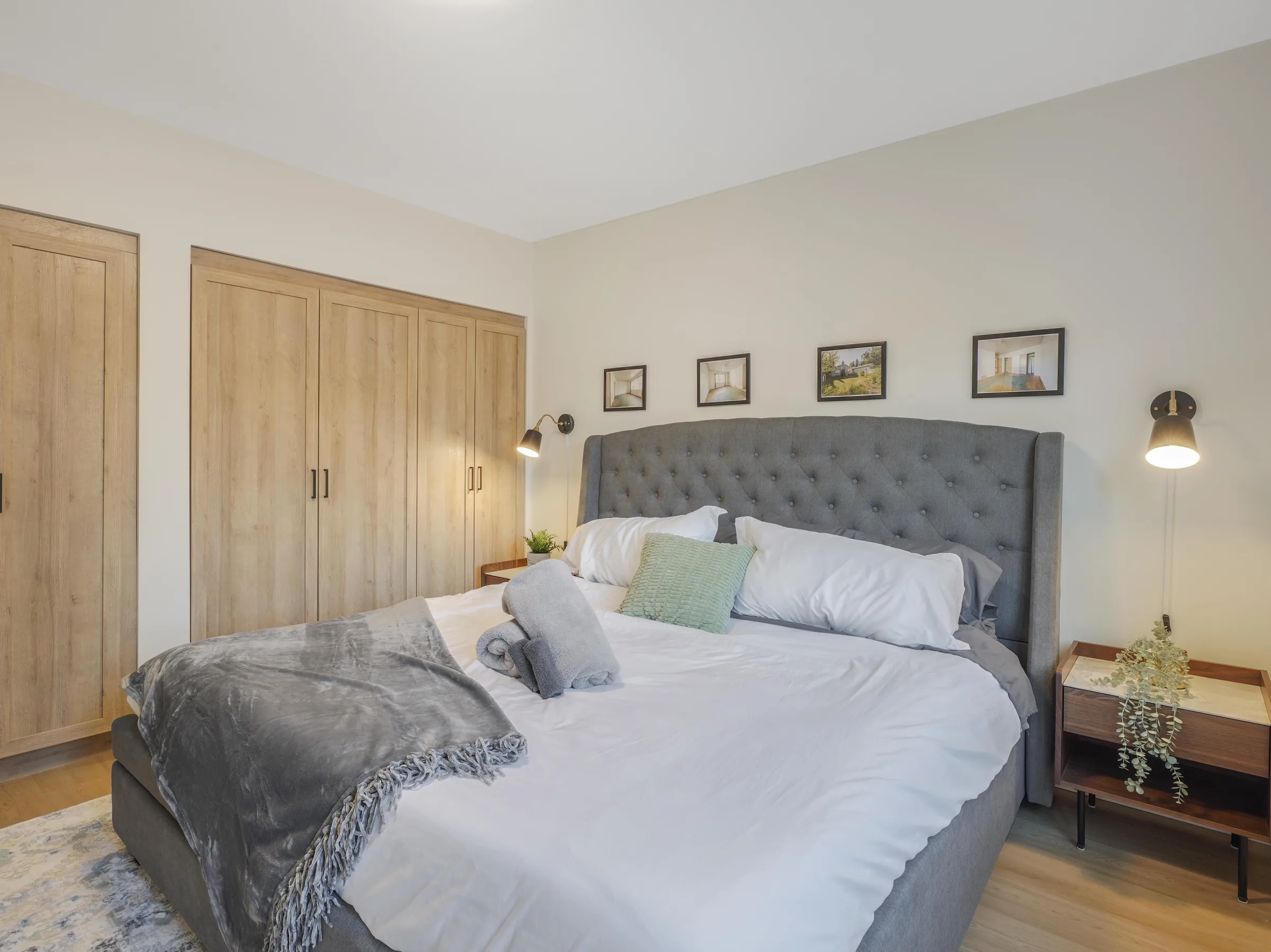 Master bedroom, wood-panel closet wall