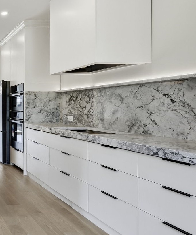 White-lacquer china cabinet with glass fronts + drawers below, kitchen perimeter